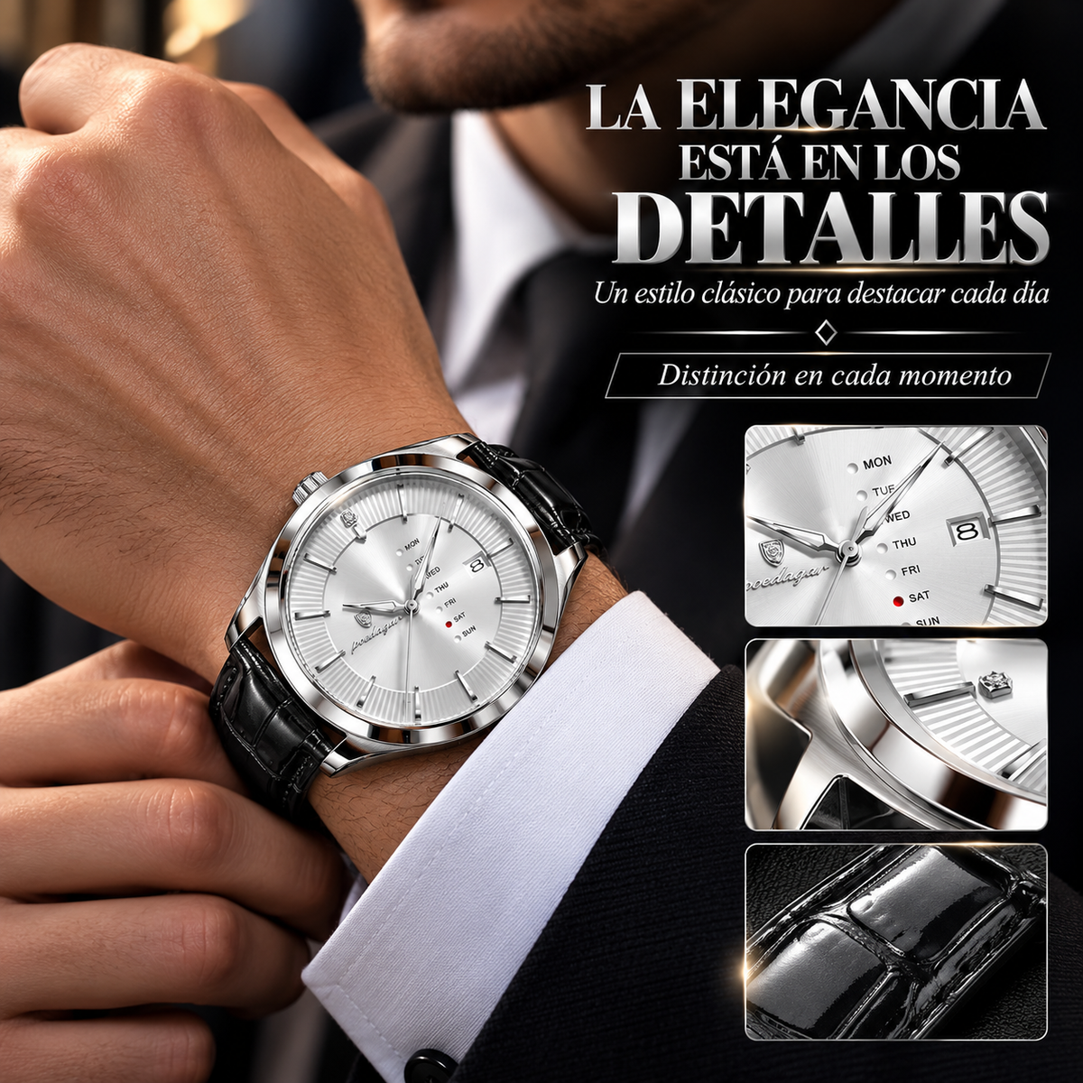 RELOJ ELEGANTE PLATEADO CON CORREA NEGRA Y ESFERA SOFISTICADA