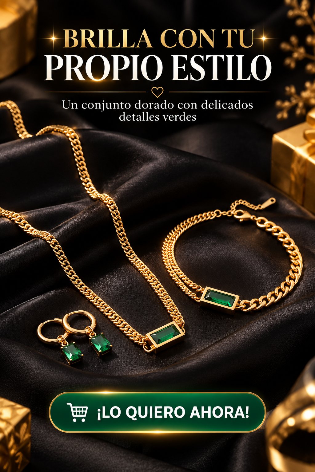 JOYERÍA DORADA VERDES-DORADO, PIEDRAS VERDES Y UN DISEÑO SOFISTICADO