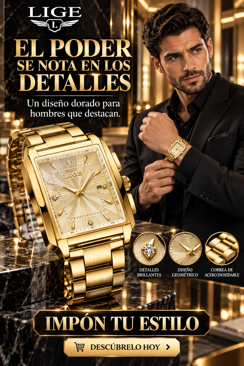 RELOJ DORADO DE LUJO - DISTINCIÓN CON ACABADOS DE ALTA GAMA EN CADA DETALLE