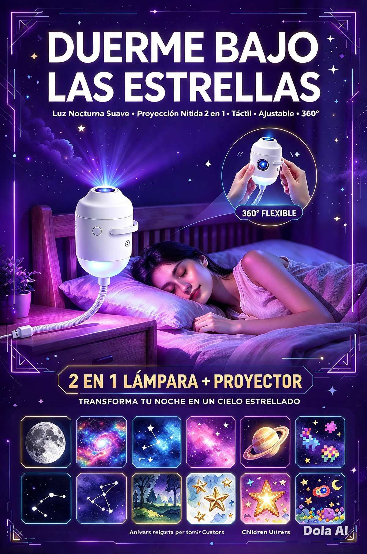 LÁMPARA PROYECTORA DE CIELO ESTRELLADO 2 EN 1 CON LUZ NOCTURNA, BRILLO AJUSTABLE