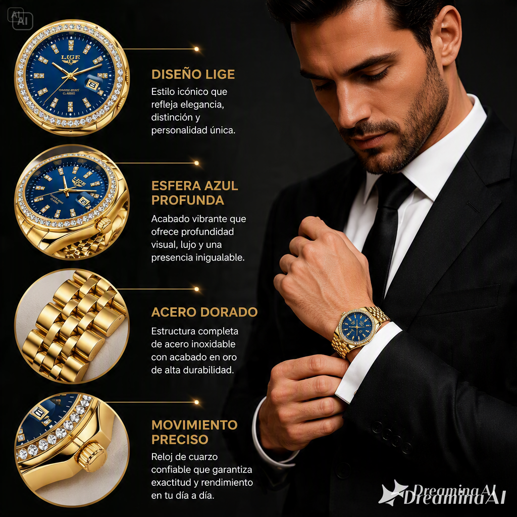 RELOJ PARA HOMBRE LIGE-COMBINACION CAUTIVADORA DE ORO CON ESFERA AZUL