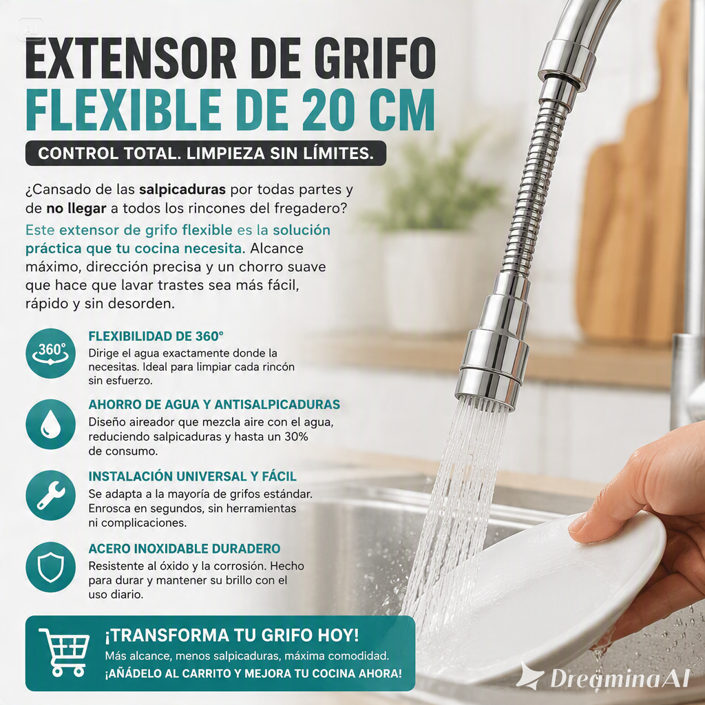 EXTENSOR DE AGUA UNIVERSAL 360-MANGUERA FLEXIBLE ANTISALPICADURA