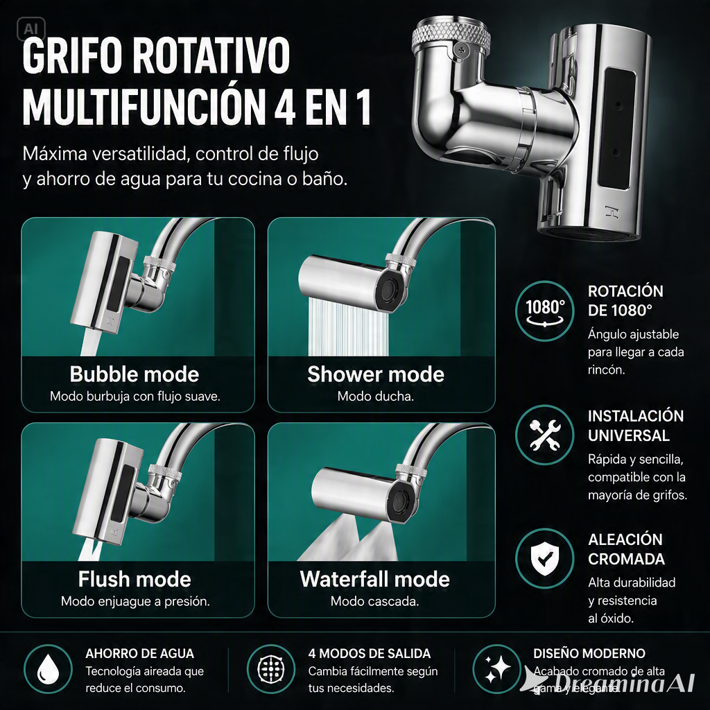 GRIFO DE COCINA GIRATORIA-CUATRO VELOCIDADES CON CASCADA Y AIREADOR