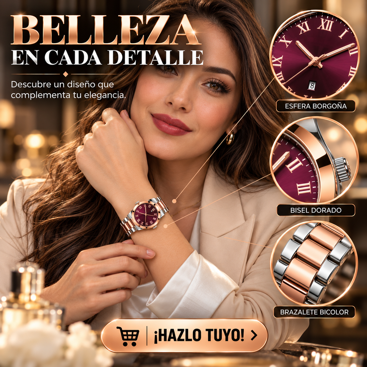 RELOJ BICOLOR PLATEADO Y ORO ROSA CON ESFERA VINO