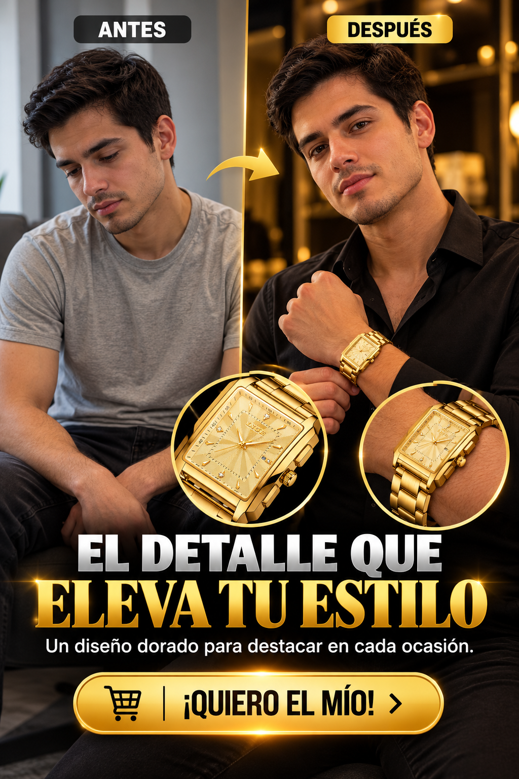 RELOJ DORADO DE LUJO CON DISEÑO CUADRADO Y ELEGANTE