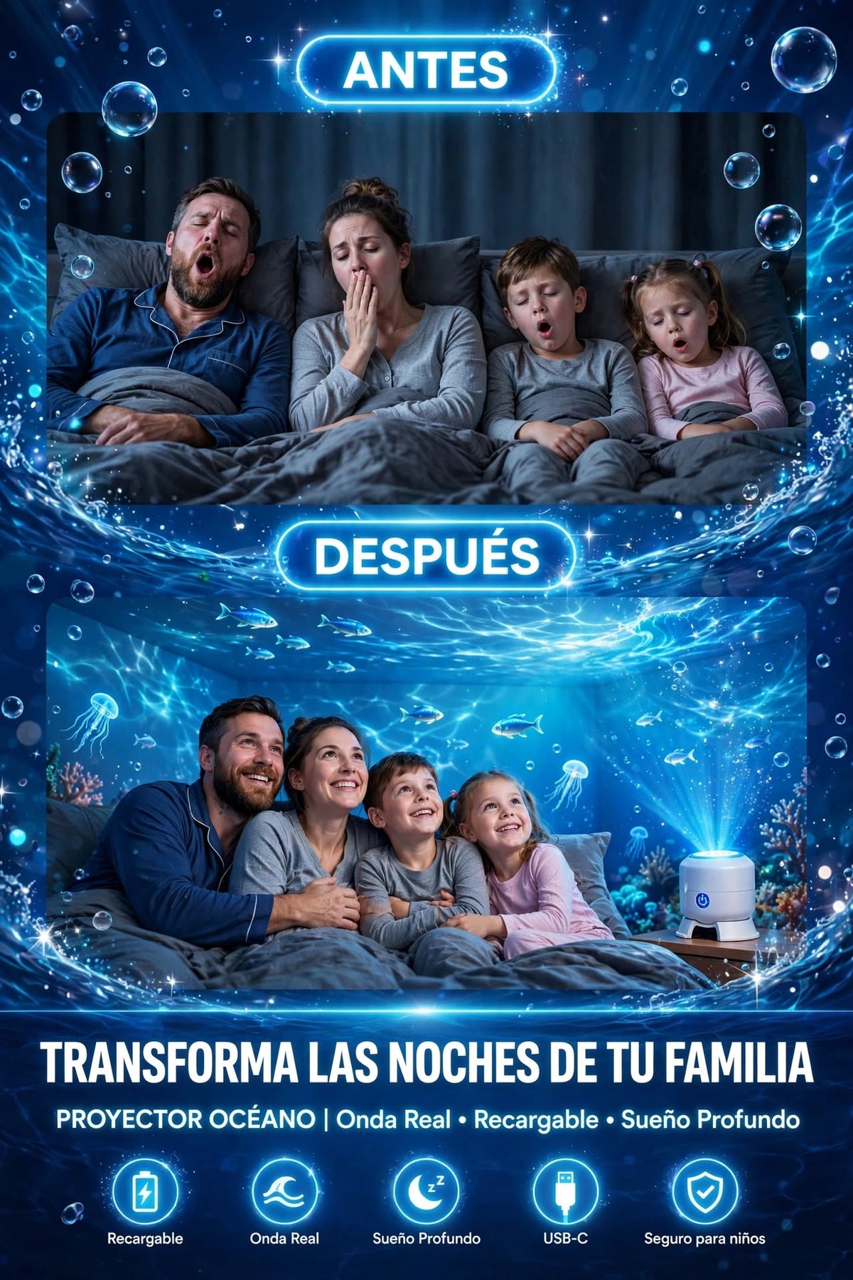 PROYECTOR LED DINÁMICO DE OCÉANO RECARGABLE PARA CREAR UN AMBIENTE RELAJANTE Y MÁGICO