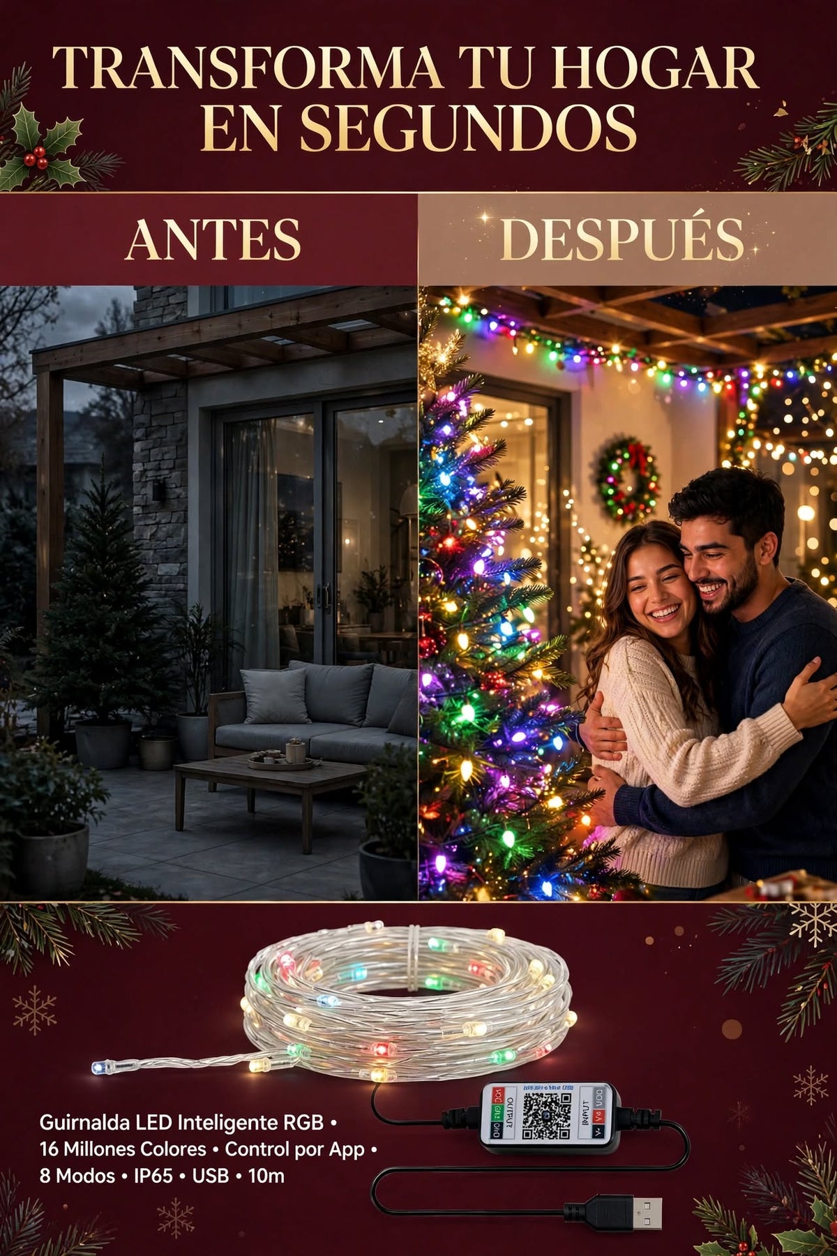 GUIRNALDA DE LUCES LED NAVIDEÑAS INTELIGENTES CON CAMBIO DE COLOR, CONTROL REMOTO Y APP MÓVIL PARA DECORAR TUS ESPACIOS