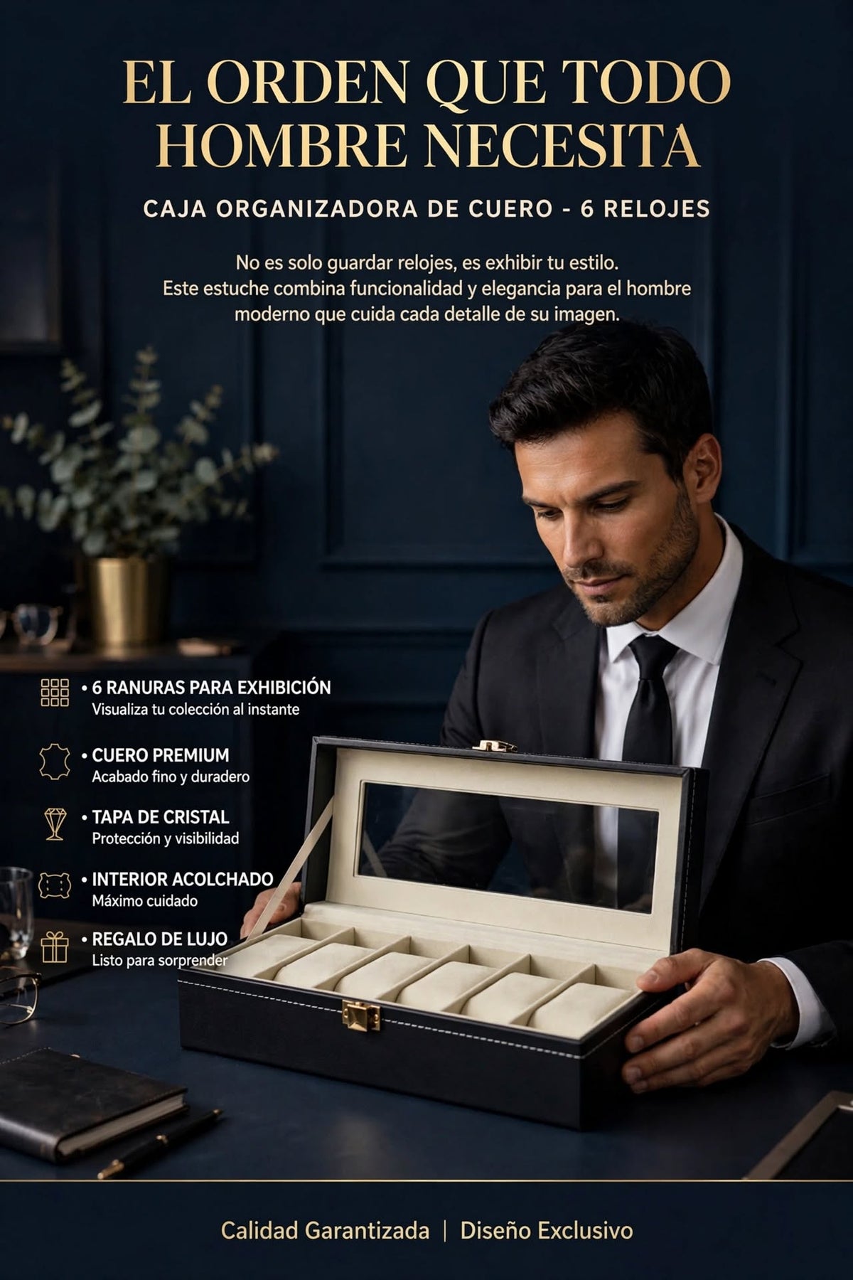 ESTUCHE ORGANIZADOR DE RELOJES DE CUERO CON TAPA DE CRISTAL Y RANURAS PARA EXHIBIR Y PROTEGER TUS RELOJES
