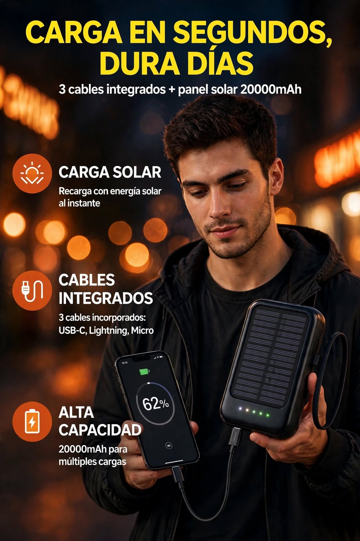 BATERÍA EXTERNA SOLAR DE 20000MA CON CARGA RÁPIDA Y CABLE INCLUIDO