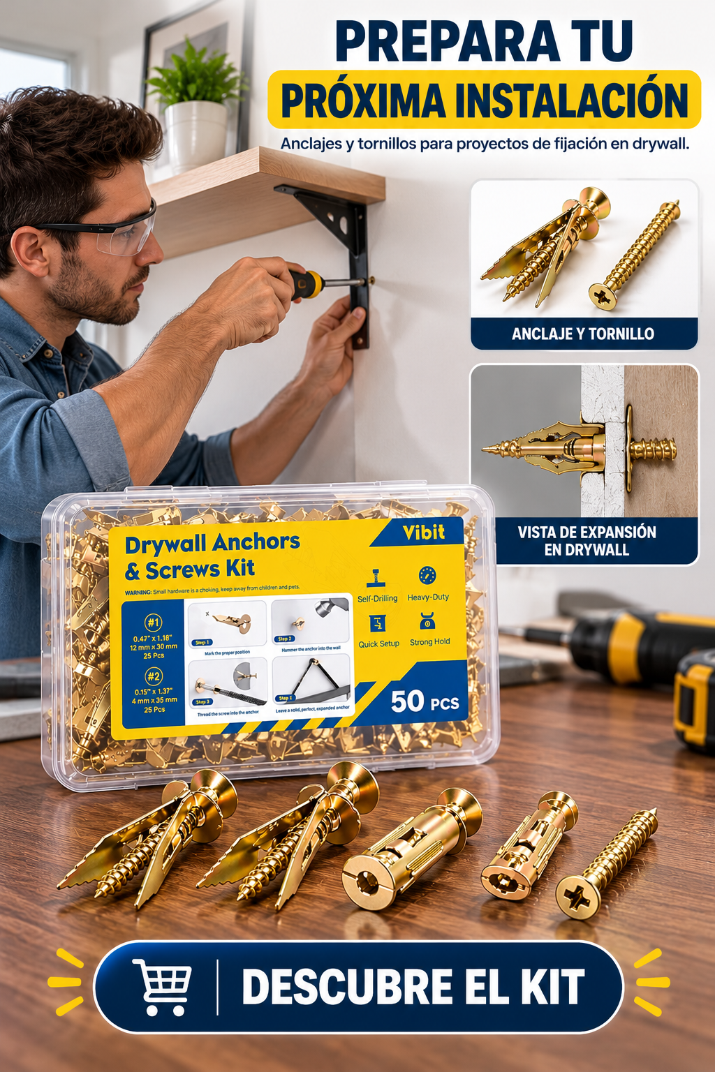 KIT DE 50 PIEZAS DE ANCLAJES METÁLICOS CON TORNILLOS, IDEAL PARA FACILITAR LA INSTALACIÓN