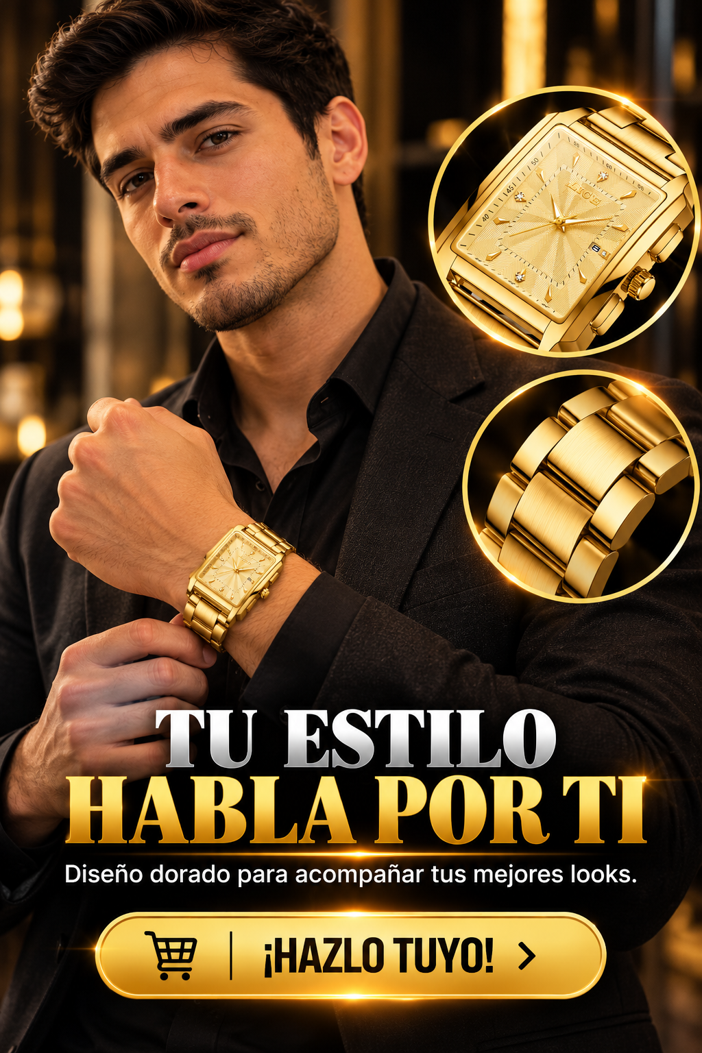 RELOJ DORADO DE LUJO CON DISEÑO CUADRADO Y ELEGANTE