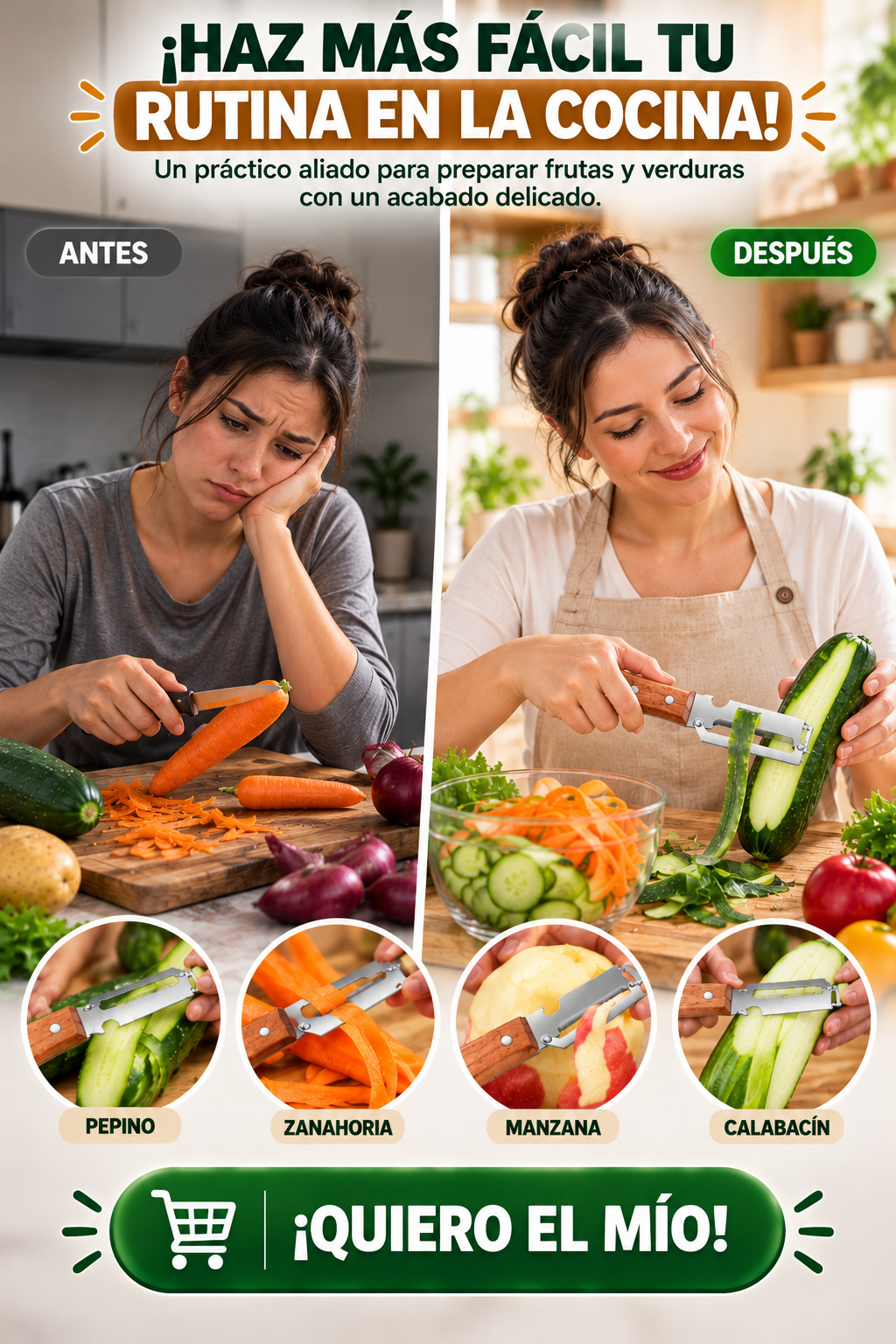 PELADOR MULTIFUNCIONAL DE VERDURAS CON MANGO DE MADERA