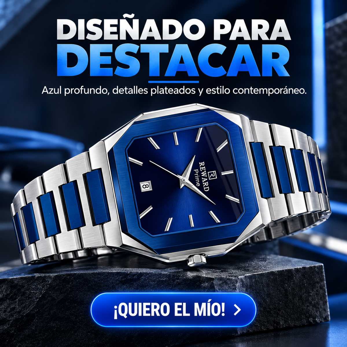 RELOJ BICOLOR PLATEADO Y AZUL CON DISEÑO OCTAGONAL