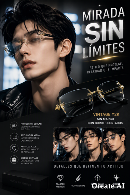 GAFAS VINTAGE Y2K SIN MONTURA CON FILTRO ANTI LUZ AZUL Y DISEÑO METÁLICO