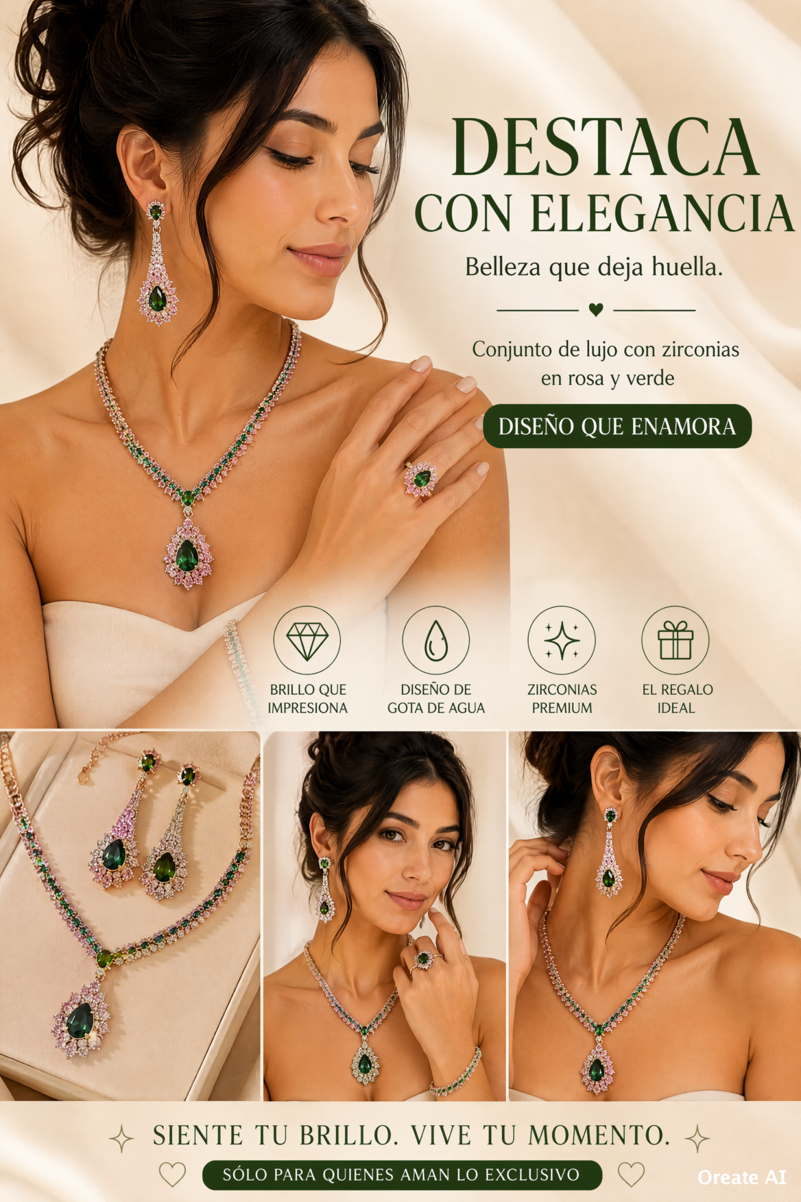 SET DE JOYERÍA PARA MUJER ROSA Y VERDE EN FORMA DE GOTA, COLLAR Y PENDIENTES DE LUJO
