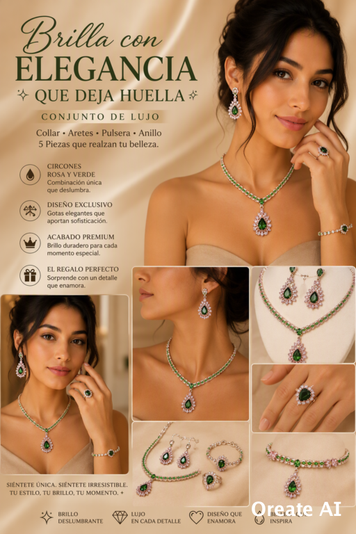 SET DE JOYERÍA PARA MUJER ROSA Y VERDE EN FORMA DE GOTA, COLLAR Y PENDIENTES DE LUJO