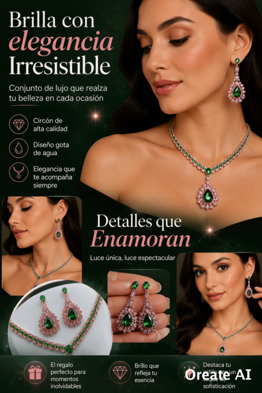 SET DE JOYERÍA PARA MUJER ROSA Y VERDE EN FORMA DE GOTA, COLLAR Y PENDIENTES DE LUJO
