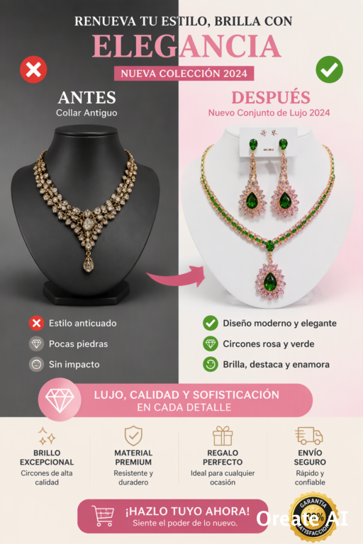 SET DE JOYERÍA PARA MUJER ROSA Y VERDE EN FORMA DE GOTA, COLLAR Y PENDIENTES DE LUJO