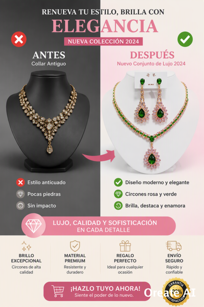 SET DE JOYERÍA PARA MUJER ROSA Y VERDE EN FORMA DE GOTA, COLLAR Y PENDIENTES DE LUJO