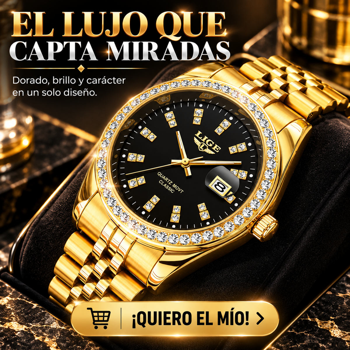 RELOJ DORADO CON ESFERA NEGRA Y BISEL DE PIEDRAS BRILLANTES