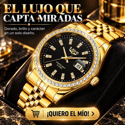 RELOJ DORADO CON ESFERA NEGRA Y BISEL DE PIEDRAS BRILLANTES