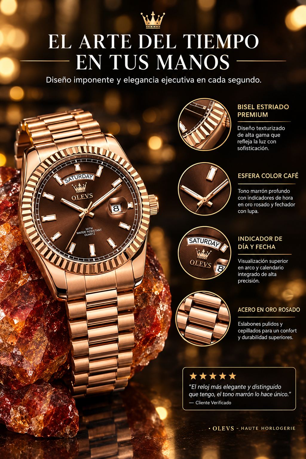 RELOJ PARA HOMBRE BAÑADO EN ORO ROSA-EL PODER DEL TIEMPO EN TUS MANOS
