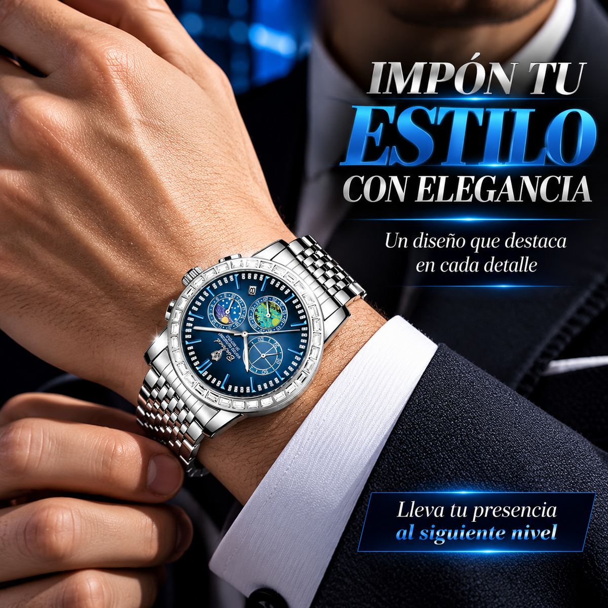 RELOJ PLATEADO CON ESFERA AZUL Y BISEL BRILLANTE