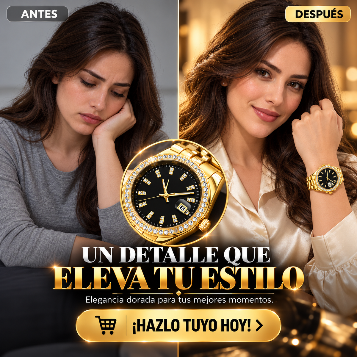 RELOJ DORADO CON ESFERA NEGRA Y BISEL DE PIEDRAS BRILLANTES
