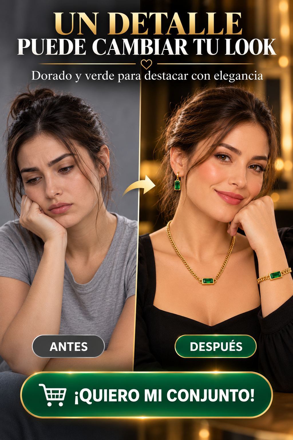 JOYERÍA DORADA VERDES-DORADO, PIEDRAS VERDES Y UN DISEÑO SOFISTICADO