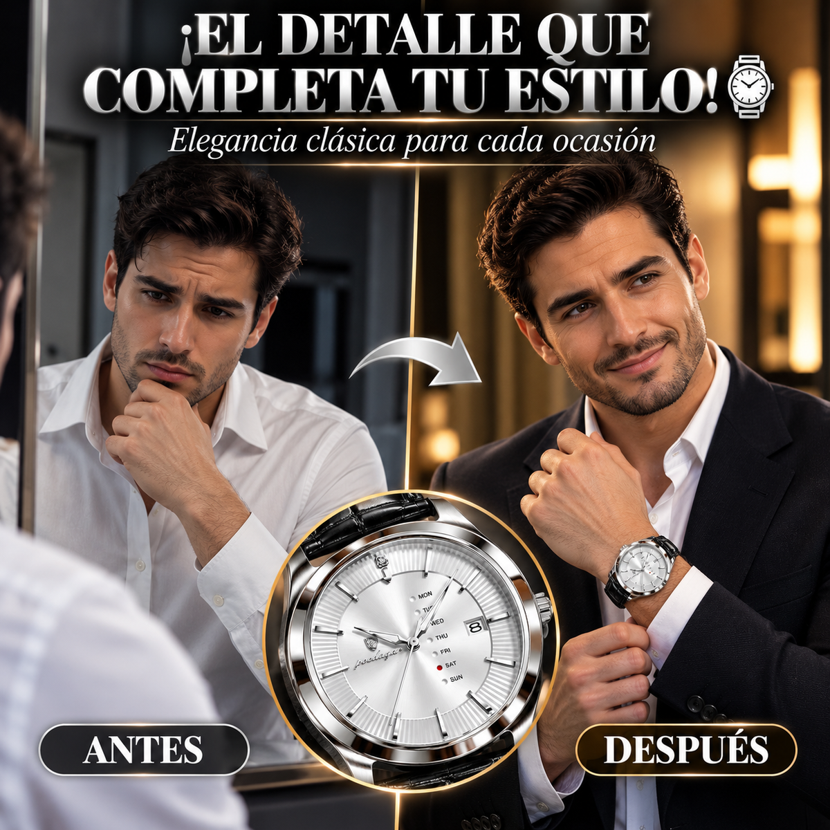 RELOJ ELEGANTE PLATEADO CON CORREA NEGRA Y ESFERA SOFISTICADA