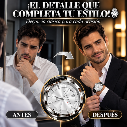 RELOJ ELEGANTE PLATEADO CON CORREA NEGRA Y ESFERA SOFISTICADA