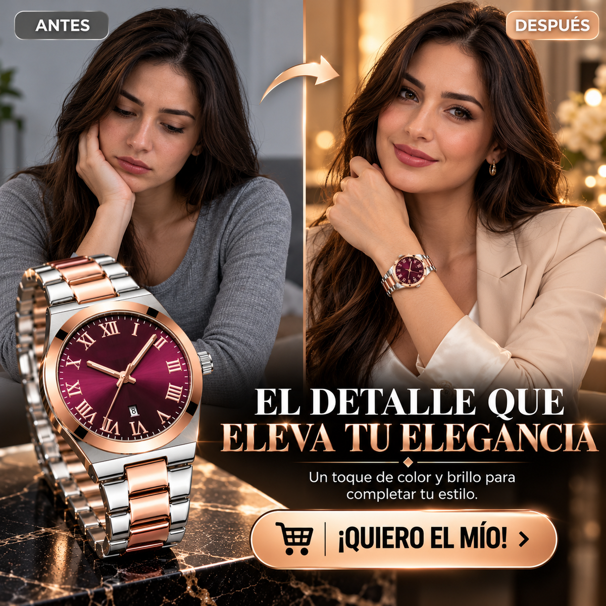 RELOJ BICOLOR PLATEADO Y ORO ROSA CON ESFERA VINO