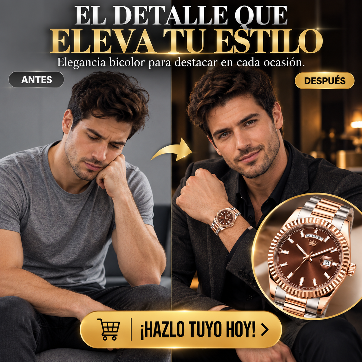 RELOJ ELEGANTE COLOR ORO ROSA PARA HOMBRE