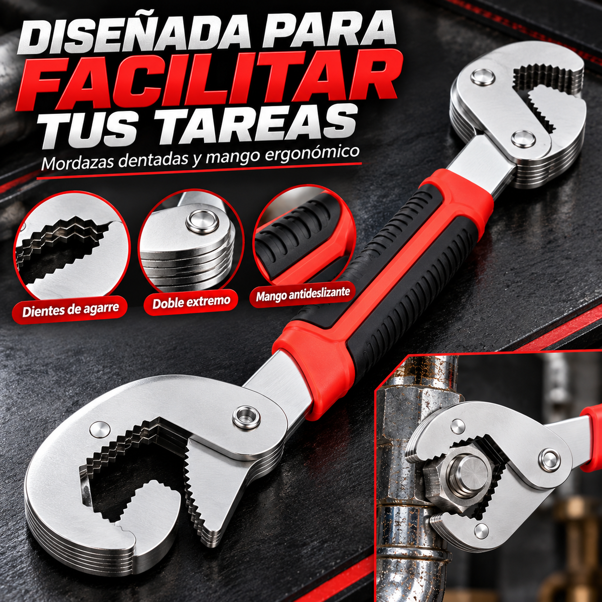 LLAVE UNIVERSAL AUTOAJUSTABLE PARA TUERCAS Y TUBERÍAS