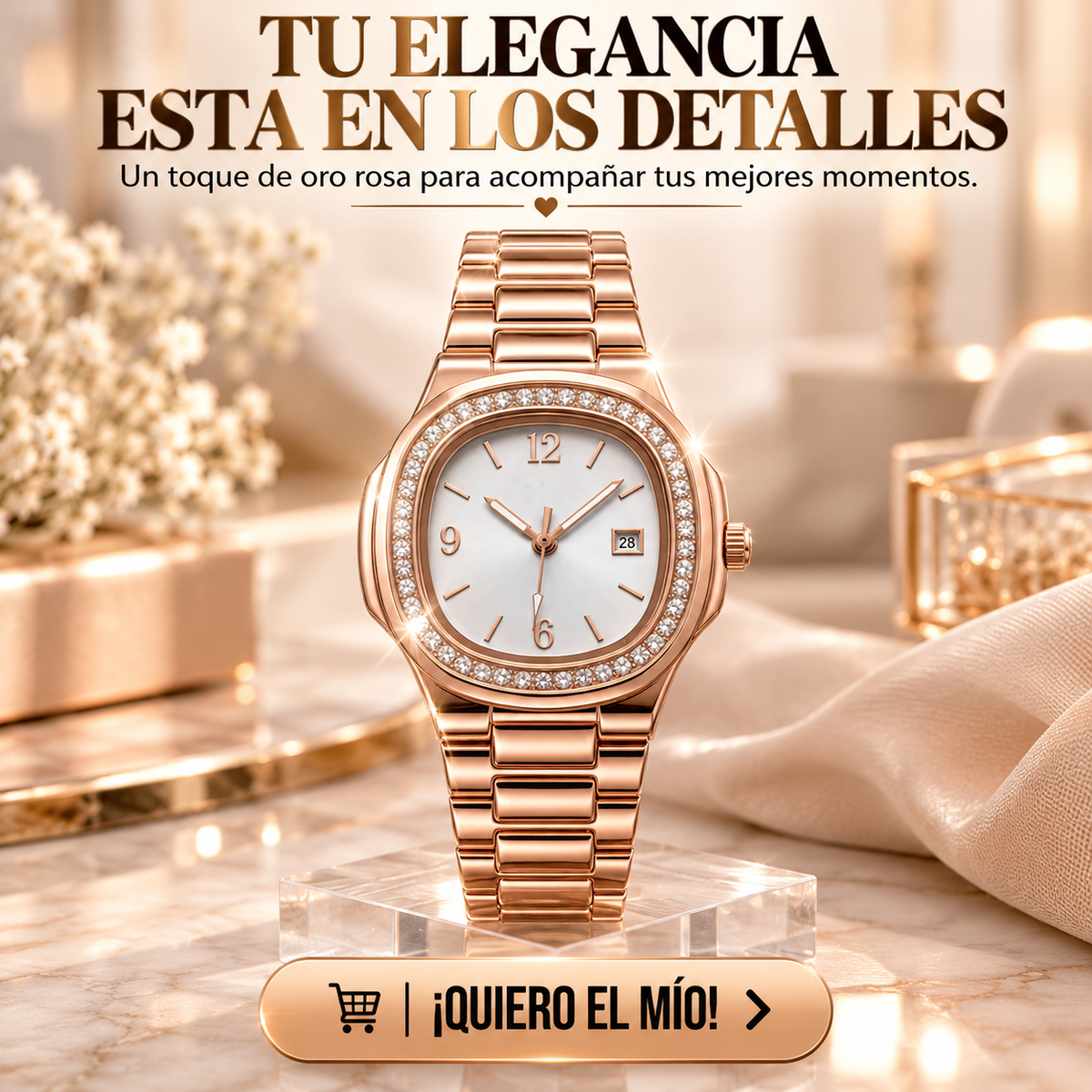RELOJ FEMENINO ORO ROSA CON BRILLO ELEGANTE Y ESFERA BLANCA