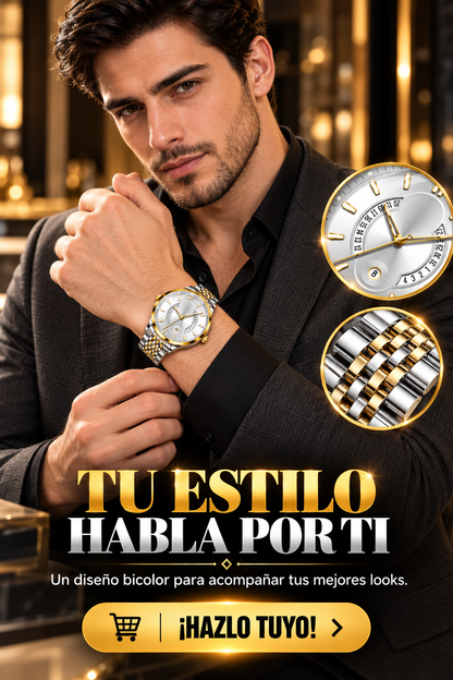 RELOJ BICOLOR DE LUJO CON ESFERA BLANCA Y DETALLES DORADOS