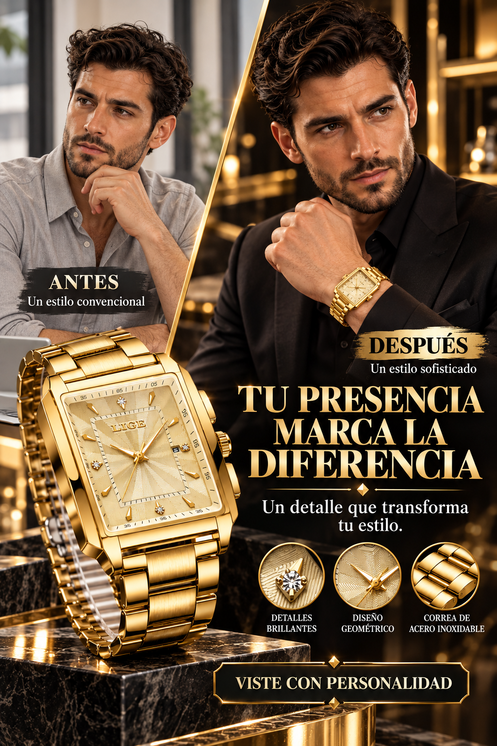 RELOJ DORADO DE LUJO -   DISTINCIÓN CON ACABADOS DE ALTA GAMA EN CADA DETALLE