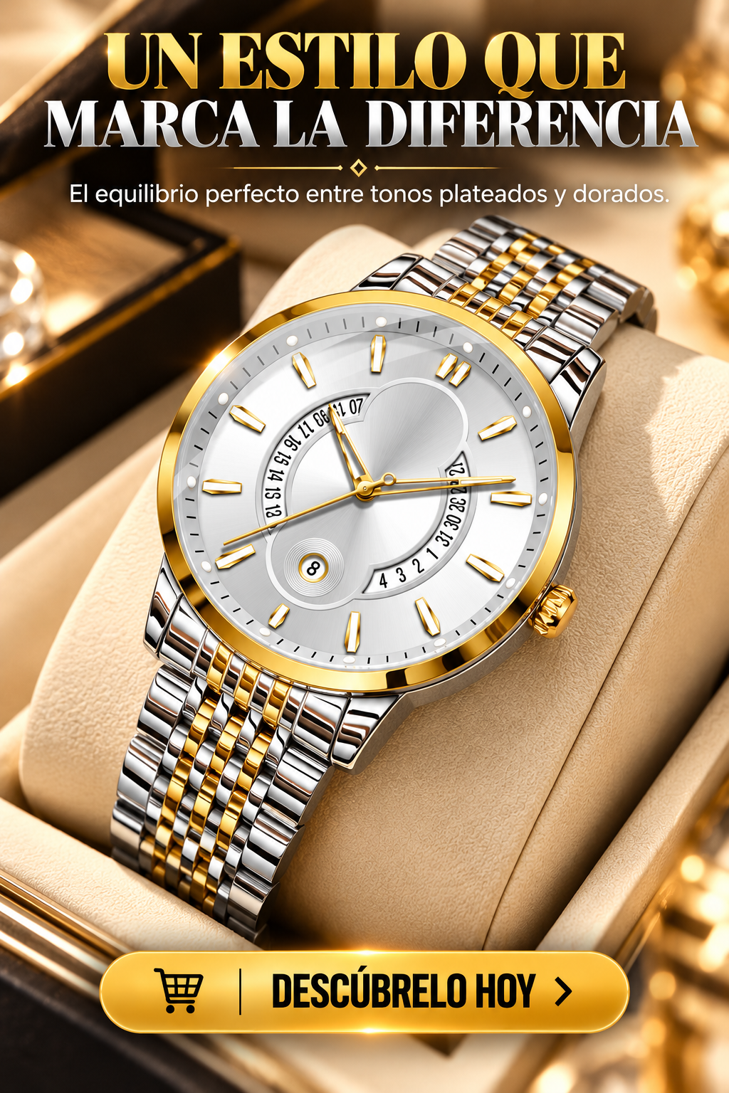 RELOJ BICOLOR DE LUJO CON ESFERA BLANCA Y DETALLES DORADOS