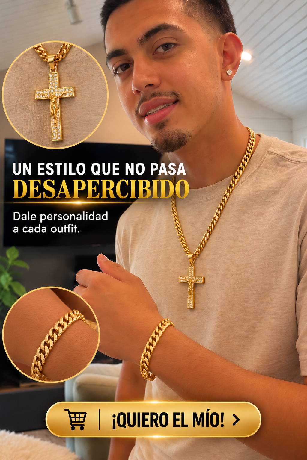 COLLAR DORADO CON CRUZ BRILLANTE Y PULSERA DE ESLABONES GRUESOS