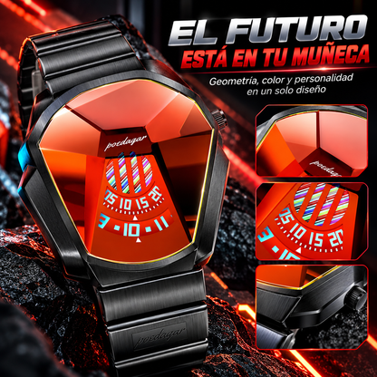 RELOJ FUTURISTA NEGRO CON ESFERA ROJA Y DISEÑO EXCLUSIVO