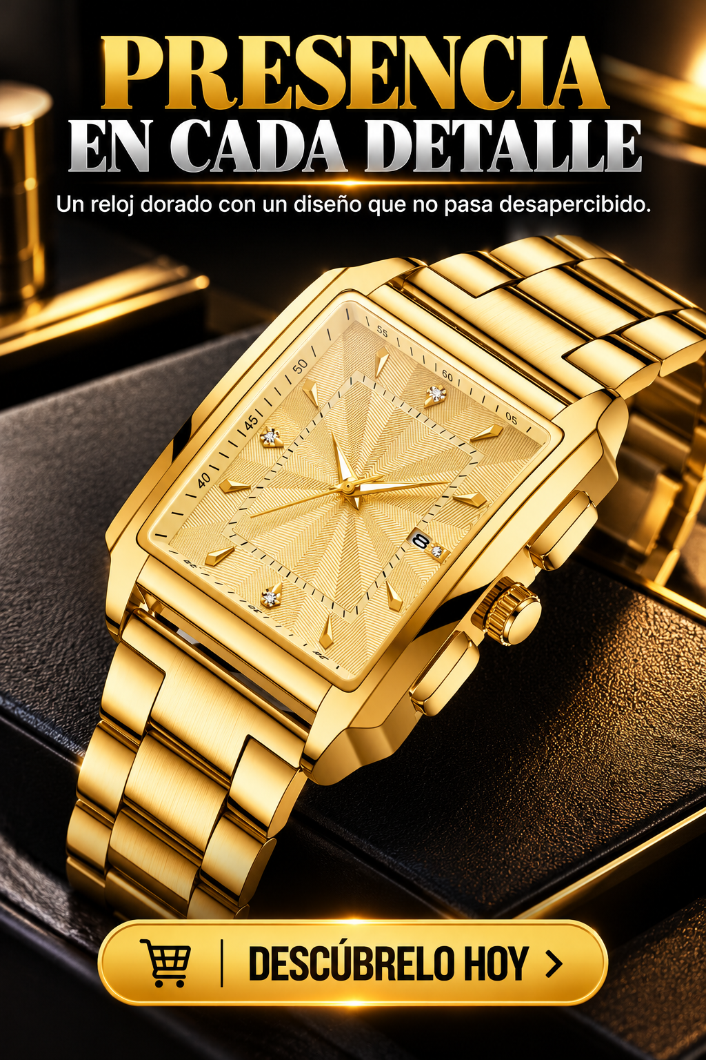 RELOJ DORADO DE LUJO CON DISEÑO CUADRADO Y ELEGANTE
