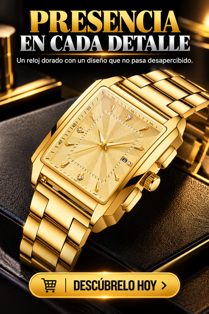 RELOJ DORADO DE LUJO CON DISEÑO CUADRADO Y ELEGANTE