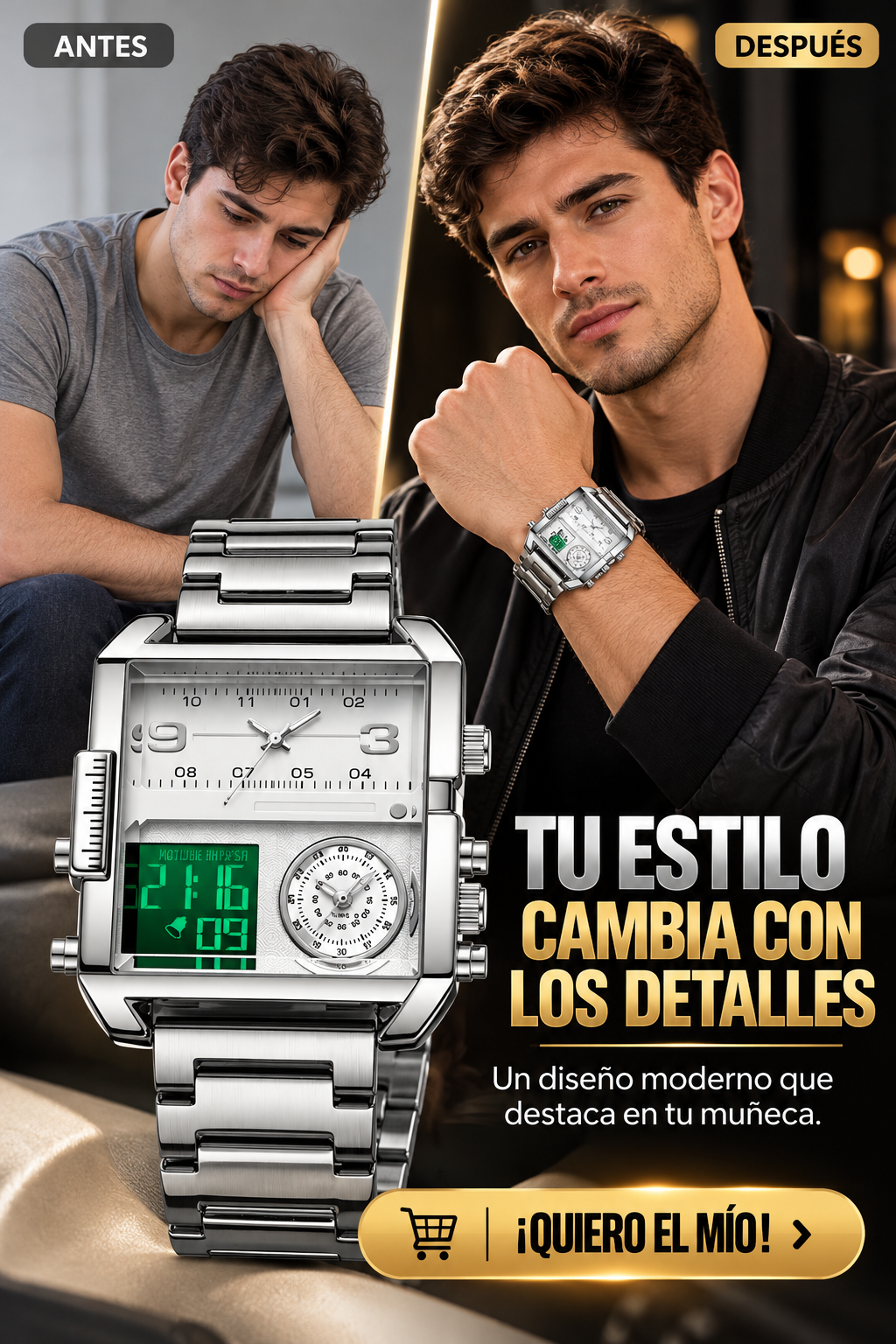 RELOJ DIGITAL PLATEADO CON DISEÑO FUTURISTA