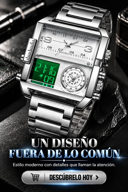 RELOJ DIGITAL PLATEADO CON DISEÑO FUTURISTA