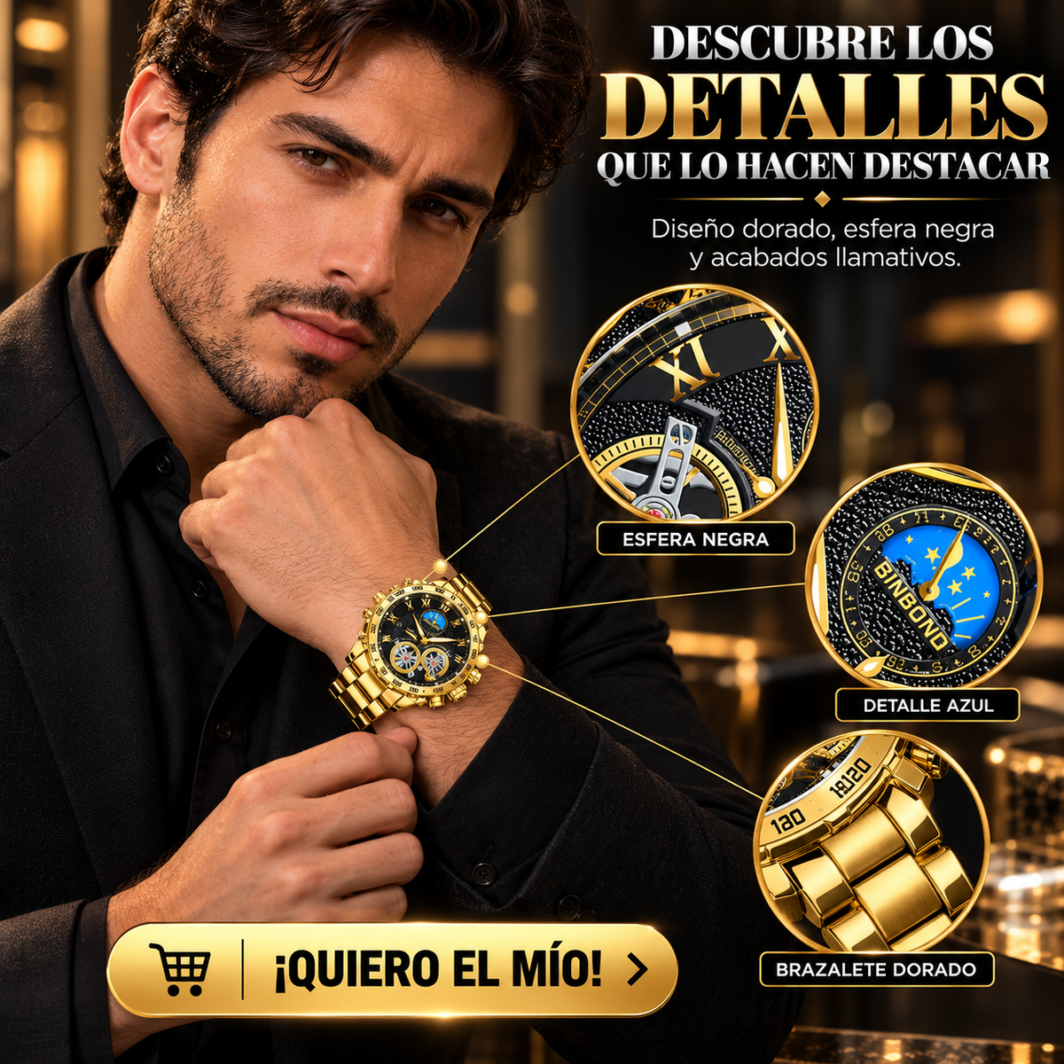 RELOJ DORADO DEPORTIVO CON ESFERA NEGRA IMPONENTE