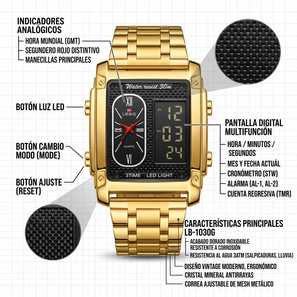 RELOJ DOBLE PANTALLA FUTURISTA - FABRICADO DE MATERIALES IMPECABLES