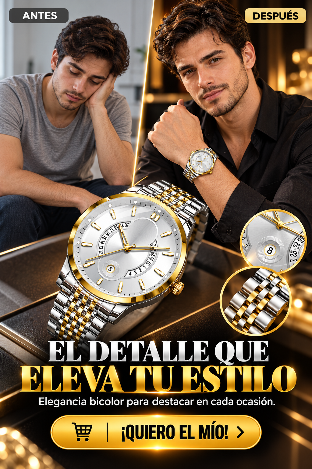 RELOJ BICOLOR DE LUJO CON ESFERA BLANCA Y DETALLES DORADOS