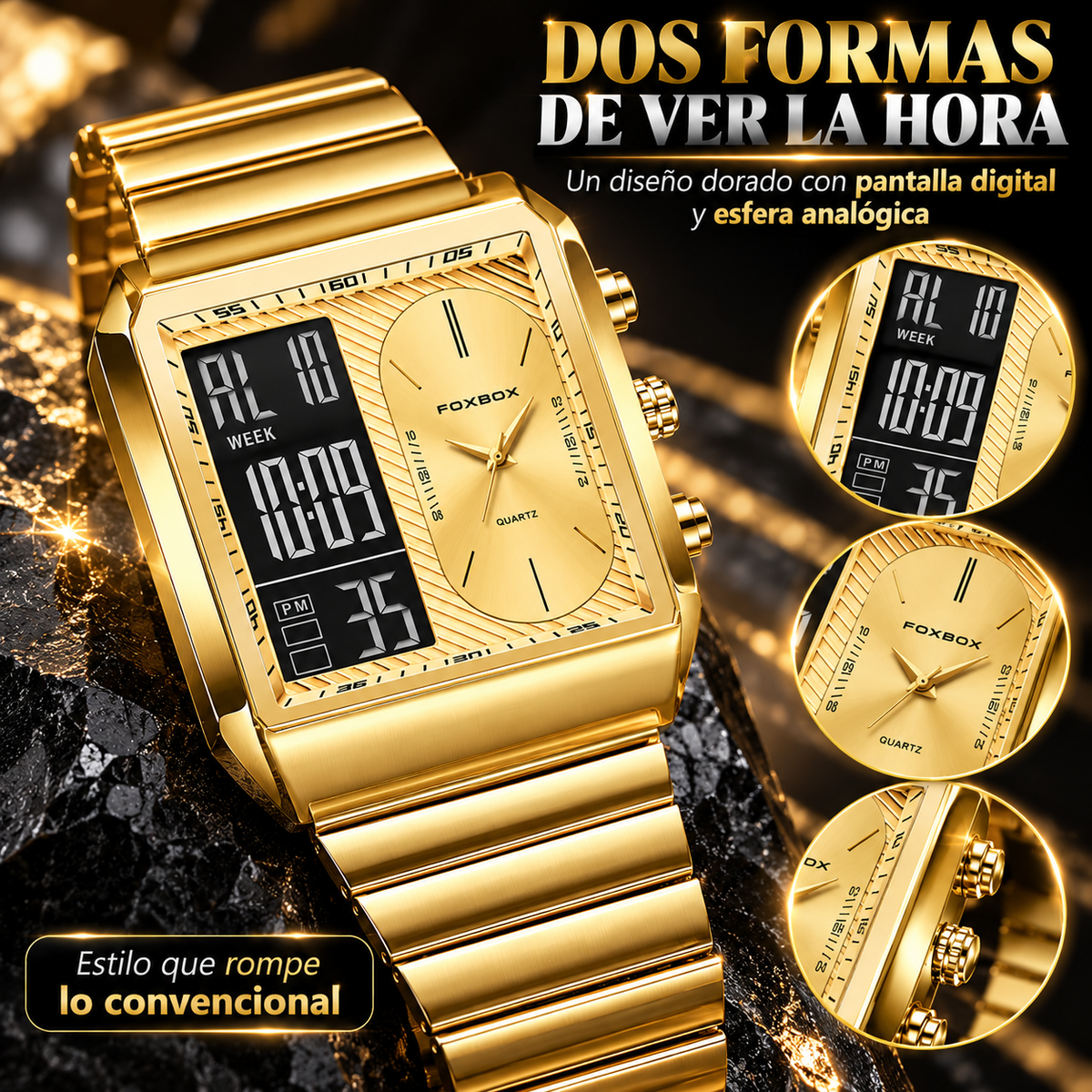 RELOJ DIGITAL DORADO CON DOBLE PANTALLA Y ESTILO RETRO