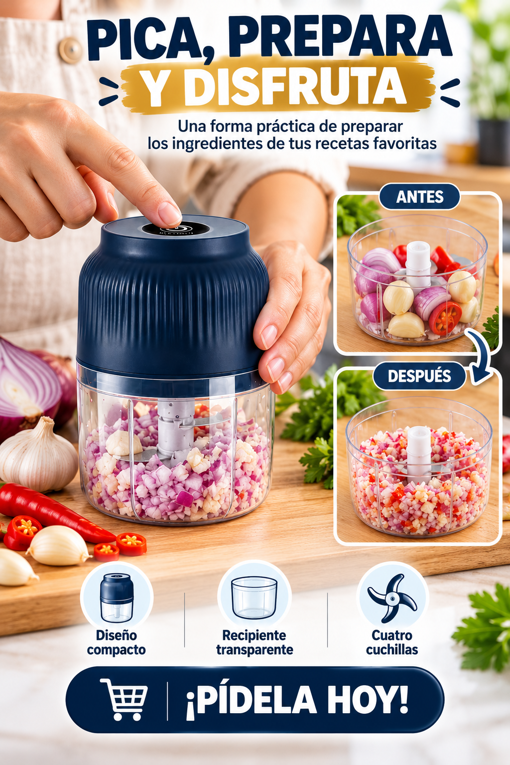 PICADORA ELÉCTRICA MULTIFUNCIONAL CON RECIPIENTE TRANSPARENTE Y CUCHILLAS PARA PICAR