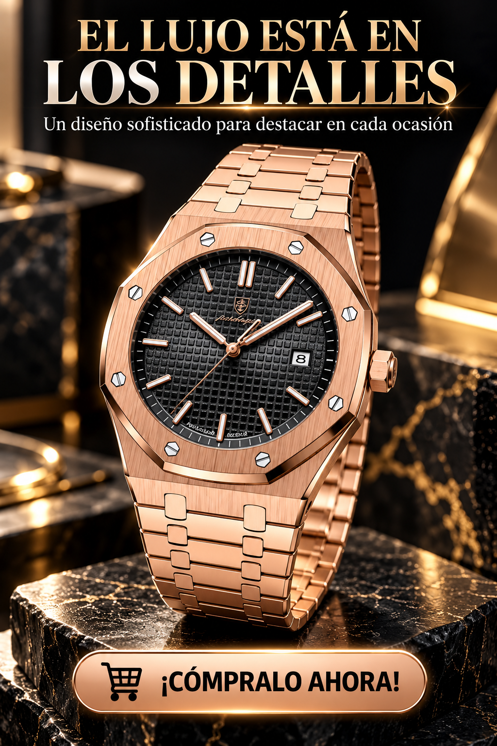 RELOJ DE LUJO ORO ROSA-ESFERA NEGRA TEXTURIZADA Y BISEL OCTAGONAL